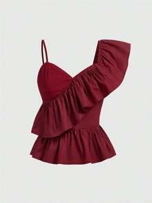 Kawaii Blusa con cuello asimétrico y ribete de volantes de moda Y2K para mujer - Burdeos - Ver 1