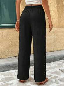 Frenchy Pantalones anchos de pierna ancha con cordón en la cintura, de unicolor y con corte láser, estilo casual de vacaciones para mujer - Negro - Ver 2
