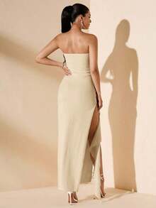 Vestido de dama de honor de boda de verano, vestido largo blanco con pliegues, abertura alta, volantes y tiras para fiesta, sin mangas y sin tirantes, sexy - Albaricoque - Ver 2
