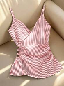 top de tirantes finos con volantes y rayas, decoración con botones y cruce delantero, para mujer, primavera/verano - Rosa - Ver 7