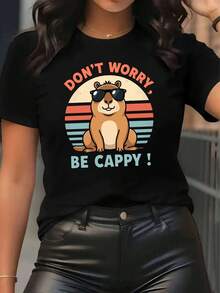 1pcs, Summer Tops For Women And Men- Ladies' Casual Sports T-Shirt Round-Neck T-Shirt, DONT WORRY BE CAPPY, Cartoon Beaver  Women's Casual Wear Independence Day Leisure Sunglasses With Animal Patterns Capybara, Casual Graphic, Comfortable Top For All Seasons - Bachelorette Outfit,Soft Tee,100% Cotton,It Is The Perfect Choice For Holiday Celebrations Such As National Day, Victoria Day, Mother's Day, And Other Party Occasions - Black - View 1