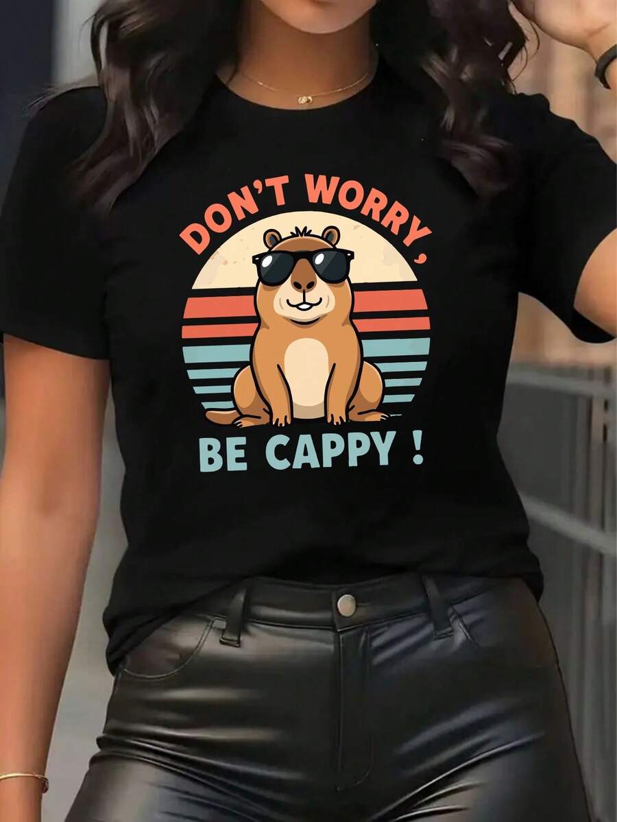 1pcs, Summer Tops For Women And Men- Ladies' Casual Sports T-Shirt Round-Neck T-Shirt, DONT WORRY BE CAPPY, Cartoon Beaver  Women's Casual Wear Independence Day Leisure Sunglasses With Animal Patterns Capybara, Casual Graphic, Comfortable Top For All Seasons - Bachelorette Outfit,Soft Tee,100% Cotton,It Is The Perfect Choice For Holiday Celebrations Such As National Day, Victoria Day, Mother's Day, And Other Party Occasions - Black - View 1