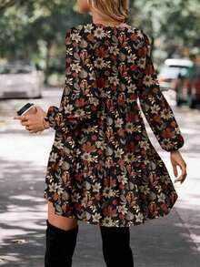 LUNE Vestido con cuello en V, estampado floral, manga farol y bajo con volantes, adecuado para otoño/invierno - Albaricoque - Ver 8