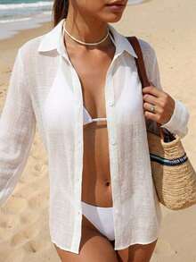 Swim Vcay Cárdigan Tipo Kimono De Manga Enrollada De Color Liso Para Mujer Carnaval - Blanco - Ver 3