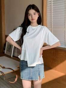 Camiseta casual de mujer para el verano con cuello redondo, manga corta, ajuste holgado y dobladillo con volantes y un solo unicolor - Blanco 2 - Ver 6