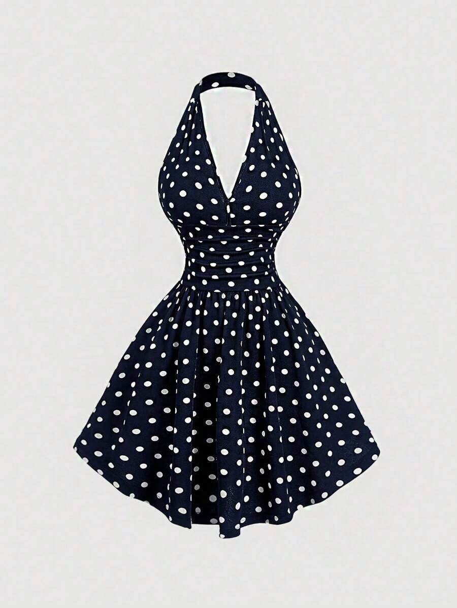 Vestido de fiesta elegante de mujer con estampado de cerezas, escote halter, espalda descubierta y cintura fruncida - Azul marino - Ver 1
