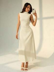 Vestido maxi de línea A con cuello mao, sin mangas, fruncido, color blanco, nuevo para el Día de San Valentín.Elegante y romántico atuendo para citas y trabajo, vestidos de verano para mujer - Amarillo claro - Ver 4