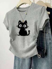 Set de 3 blusas de mujer de manga corta con cuello redondo, plisadas, de unicolor minimalista con detalle de lazo y estampado, para el verano - Multicolor 6 - Ver 3