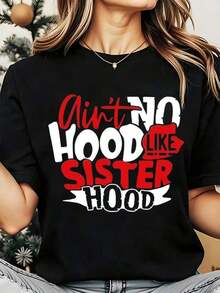 GiftWomen's Crew Neck T-Shirt, Hoodless, With 'There's No Hood Like A Sister' Graphic Print, For Casual Wear And Christmas Gifts, Soft - 黑色 - 查看 7