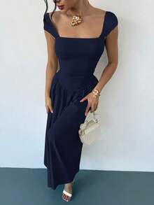 Vestido largo elegante con cuello cuadrado, mangas de campana y lazo en la cintura, con pliegues.Adecuado para citas, primavera/verano, vestidos de verano para mujeres - Azul marino - Ver 7