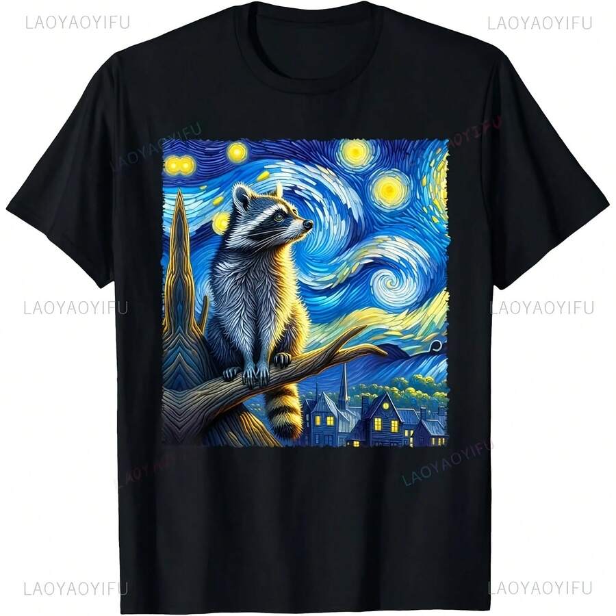 Camiseta desgastada de mapache con pintura de noche estrellada, camiseta de mapache Van Gogh, camiseta de manga corta de estilo veraniego para hombre, camiseta cómoda transpirable - forma - Ver 1