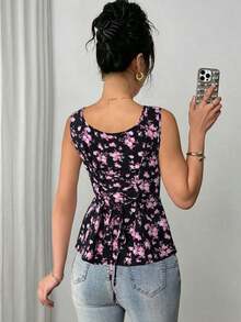 Camisa sin mangas para mujer con cuello mao y corbata plegable de tela estampada - Negro - Ver 2