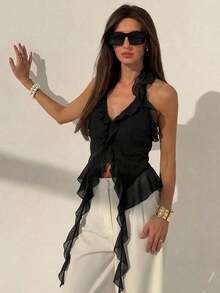 Camiseta de tirantes con volantes en el bajo, unicolor y diseño minimalista para mujer - Negro - Ver 1