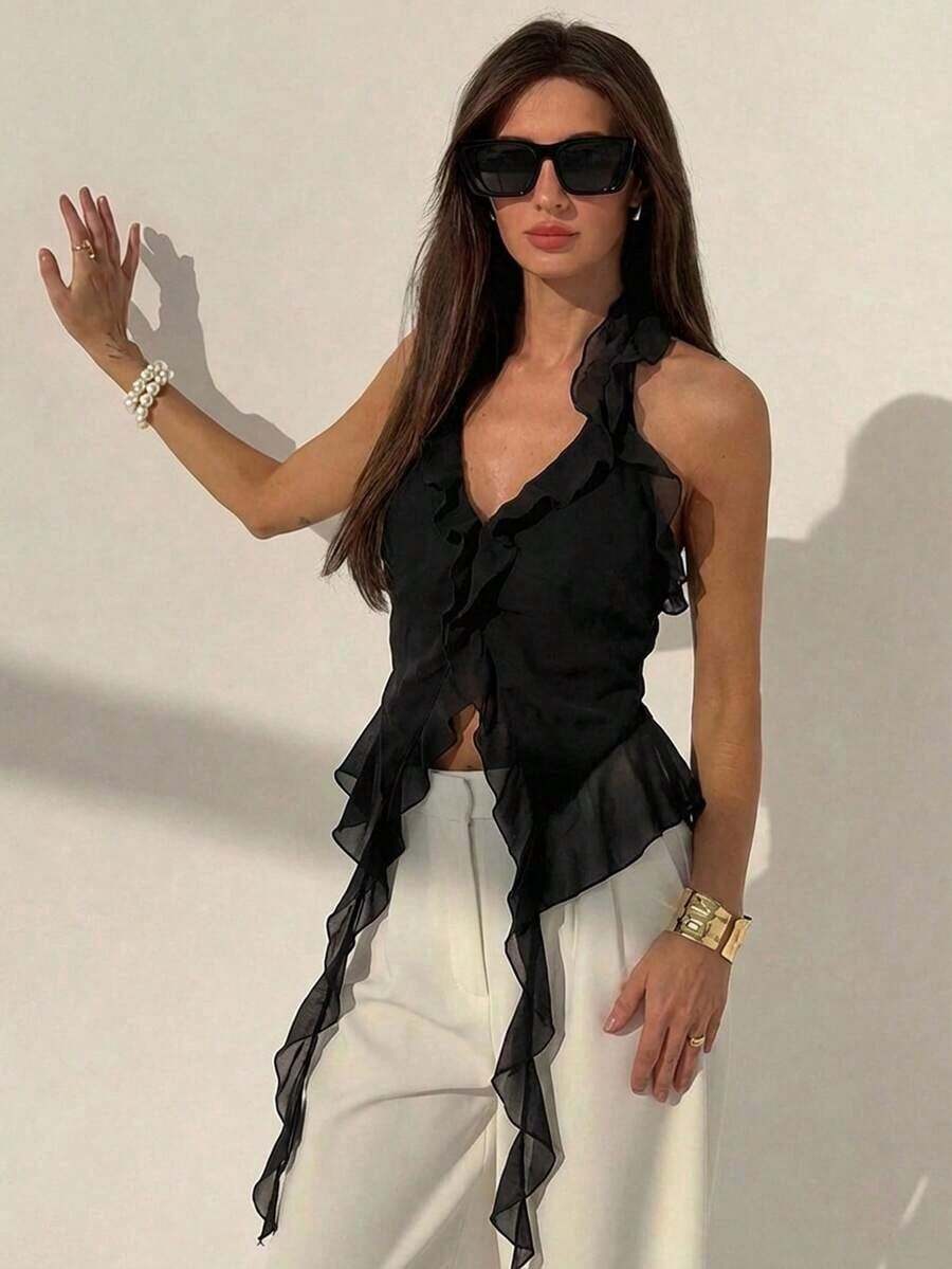 Camiseta de tirantes con volantes en el bajo, unicolor y diseño minimalista para mujer - Negro - Ver 1