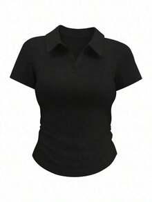 Camiseta de manga corta minimalista de unicolor para mujer, uso casual de todos los días - Negro - Ver 7