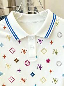 Camiseta de manga corta con media cremallera y estampado de letras casual para mujer, de verano - Multicolor 4 - Ver 4