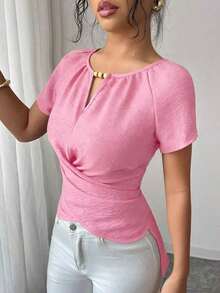 Blusa de manga corta con cuello redondo, estilo envolvente, elegante y casual, con cinturón y cuentas, adecuada para ir al trabajo, citas, y uso durante todo el año en primavera/verano.Blusa elegante para damas, apropiada para fiestas, citas, oficina, negocios, vida diaria en primavera/verano, temporada de graduación, Día del Maestro, vuelta al colegio, Acción de Gracias.Blusa de manga corta para uso diario, de unicolor con cuentas. - Rosa - Ver 7
