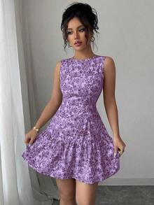 Vestido mini bohemio elegante francés con estampado floral sin mangas y cinturón para mujer, atuendo de graduación para primavera/verano - Morado - Ver 4