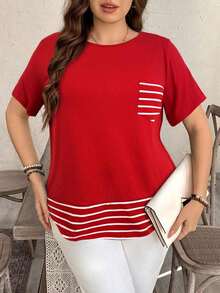 Camiseta casual de talla grande con bolsillo y rayas de contraste, prenda de vestir occidental estilo boho bohemio, top de festival de los 90, verano y primavera - Rojo - Ver 4