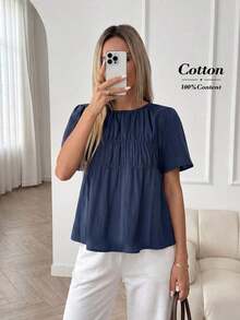 Camisa casual de mujer de unicolor, cuello redondo, manga corta y plisada - Azul marino - Ver 1