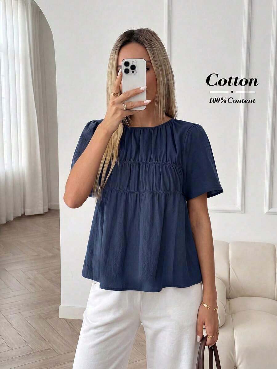 Camisa casual de mujer de unicolor, cuello redondo, manga corta y plisada - Azul marino - Ver 1