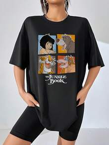 Ilustración colorida con personajes de una selva mágica que transmiten amistad libertad y aventura en un cuadro retro inspirador camiseta de mujer  casual cómoda para diario - Negro - Ver 6