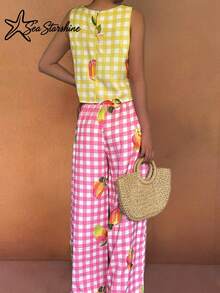 Starfisch glänzende Boho-Stil Damen Casual Trägertop - Patchwork Karomuster & Mango Digital Muster 2-teiliges Set, geeignet für Frühling/Sommer Urlaub Elegant - Verschiedenfarbig - Übersicht 4