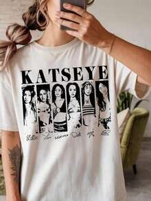 Camiseta de manga corta para mujer, 1 pieza, informal, con estampado de letras y cuello redondo, diseño de tipografía inglesa simple para inspirar la imaginación y la autoexpresión, camiseta - Blanco - Ver 1