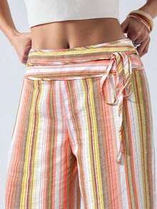 Pantalones largos de mujer  con diseño de rayas y cordones, estilo patchwork, tipo cargo. - Albaricoque - Ver 7