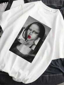 Camiseta de Verano para Mujer, Camiseta con Estampado de la Mona Lisa, Manga Corta, Estilo Harajuku, Camiseta Oversize, Tops Unisex para Mujer, Ropa de Mujer, 100% Algodón - Blanco - Ver 1