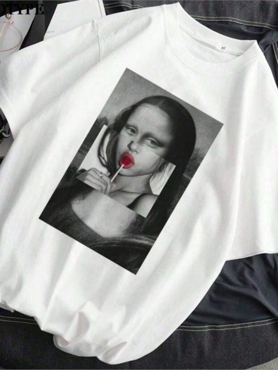 Camiseta de Verano para Mujer, Camiseta con Estampado de la Mona Lisa, Manga Corta, Estilo Harajuku, Camiseta Oversize, Tops Unisex para Mujer, Ropa de Mujer, 100% Algodón - Blanco - Ver 1