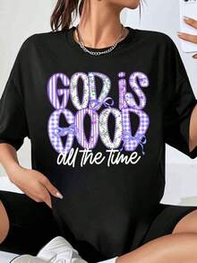Women's Purple Floral And Plaid Print T-Shirt "God Is Good All The Time", Casual Oversized Style, Ideal For Everyday Wear And Faith-Inspired Outfits, Suitable For Spring, Summer And Autumn. - 黑色 - 查看 7
