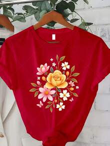 Camiseta Clásica de Talla Grande para Mujer - Camiseta con Estampado Floral - Top Casual de Verano para Mujer - Diseño de Mariposa - Estilo Bohemio - Camiseta Negra de Cuello Redondo - Camiseta Estampada de Manga Corta con Cuello Redondo, Adecuada para Ropa de Verano/Otoño - Más Vendida - Rojo - Ver 7
