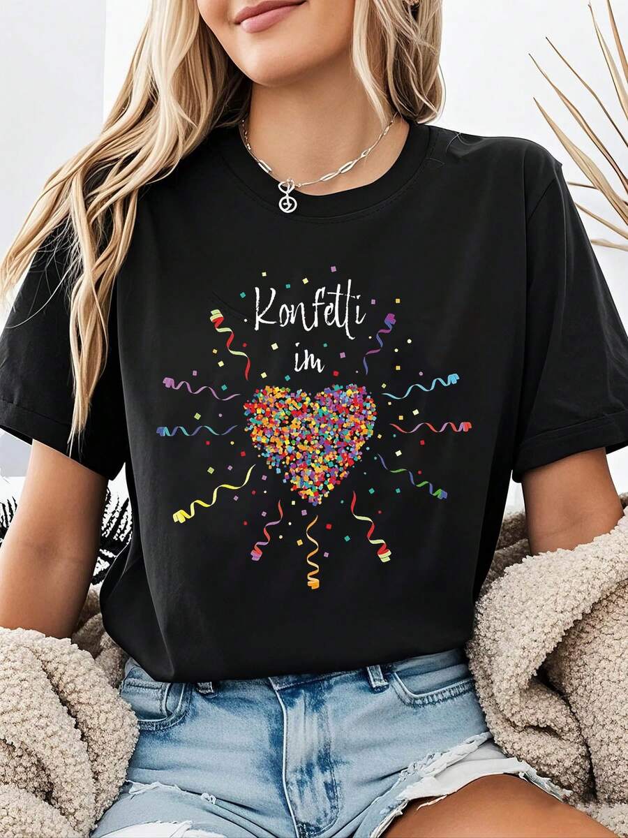 Mexican T-Shirt With "Konfetti Im Herzen" Letter Print, Short Sleeve, Round Neck, Casual Top For Summer And Spring, Women's Clothing, Fashionable Summer Cotton T-Shirt - 黑色 - 查看 1