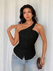Blazer informal sin mangas de color albaricoque para mujer, conjunto de verano versátil - Negro - Ver 5