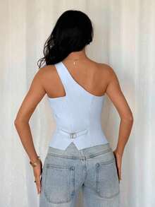 Blazer informal sin mangas de color albaricoque para mujer, conjunto de verano versátil - Azul - Ver 2