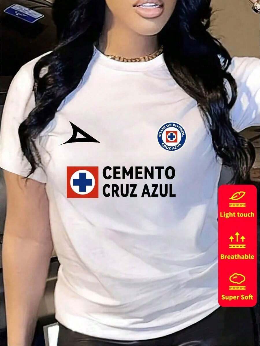 Camiseta de manga corta para mujer, cuello redondo, holgada, casual y versátil, nuevo estampado de CEMENTO CRUZ AZUL, ideal como capa base, tejido suave con buena caída - Blanco-1 - Ver 1