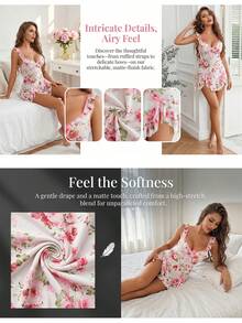 2-Piece Sexy Bow Side Slit Ruffle Mesh Babydoll Lingerie Set, Cute Pajama Set Includes White Floral Sheer Mesh Babydoll Sexy Short Dress And Sexy Thong, Sheer Mesh Babydoll Night Dress Enhances Feminine Charm,Night Dress For Women  Perfect For Wedding&Daily Home Wear, Dates, Romantic Nights - Hoa trắng - Xem 6