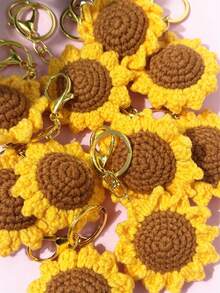 1 pieza/3 piezas Llavero de girasol de hilo trenzado, con mosquetón, accesorio de llavero decorativo para mochila, bolsa escolar, llaves, botella de agua, llavero práctico - Amarillo - Ver 2