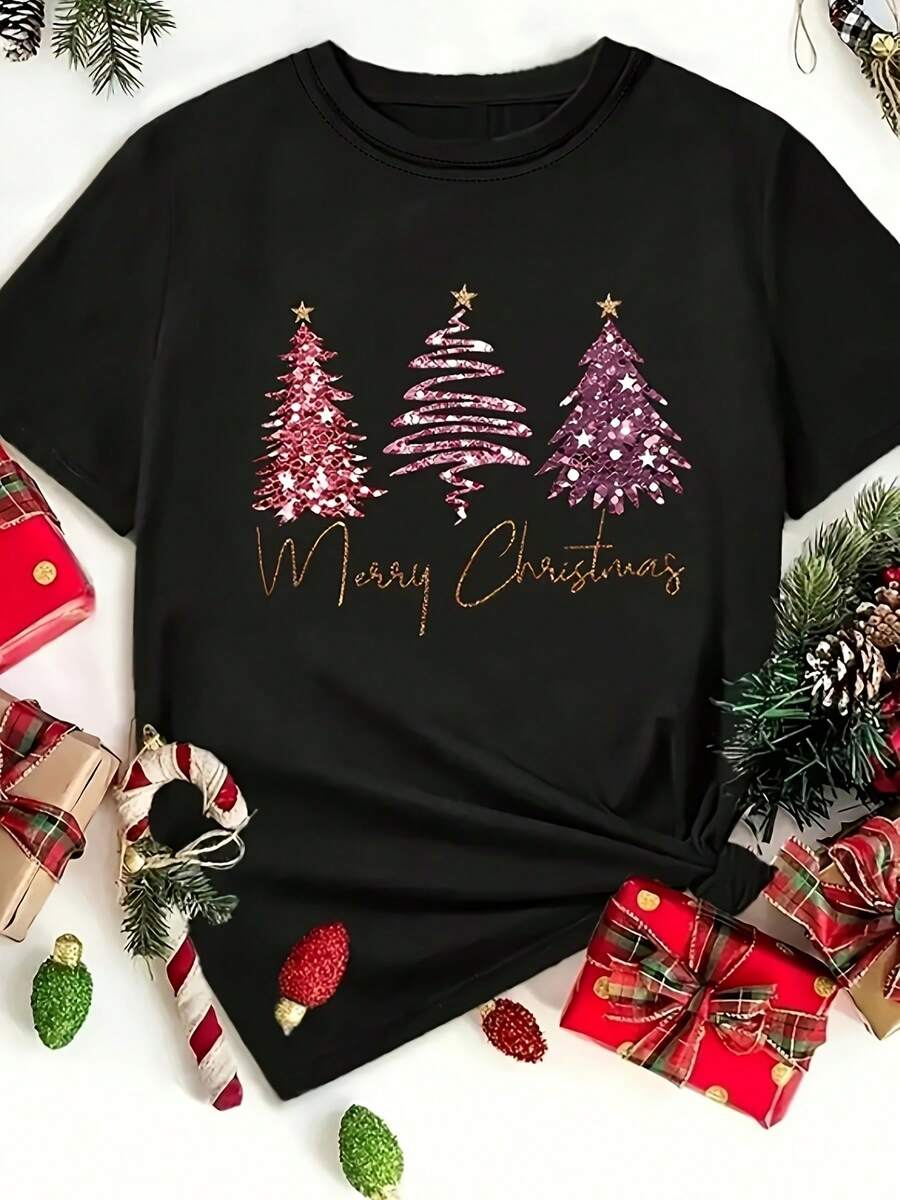 Playera de Mujer con Estampado de Árboles de Navidad Brillantes "Merry Christmas" Estilo Festivo Manga Corta Cuello Redondo Suave - Negro - Ver 1