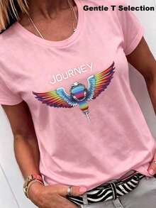 Women's V-Neck Short Sleeve T-Shirt With Winged Astronaut And "JOURNEY" Print Fashion Casual Style2026 - 粉色 - 查看 2