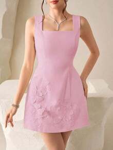 Vestido mini sexy con decoración floral 3D y cinturón a la cintura en color amarillo pálido, adecuado para citas, fiestas y ocasiones formales - Rosa Pálido - Ver 3