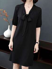 Vestido corto de mujer Nuevo vestido de verano de manga corta con escote en V, de moda para mujer, suelto y que estiliza, de longitud media en estilo A - Negro - Ver 7