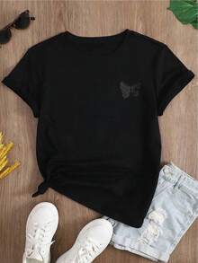 YOCASA Women's Casual Summer T-Shirt, Round Neck, Fitted Short Sleeve, With Oil Painting Print, Floral, Heart, Cherry And Letter Patterns. Simple Casual Fabric, Sporty Style, Ideal For Everyday Wear And Valentine's Day Dates. - 黑色 - 查看 2
