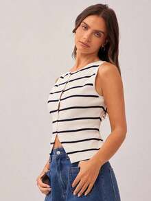 Top sin mangas ajustado con cuello de barco, botones frontales y bajo con abertura, a rayas, estilo campestre y vaquero, para atuendo de Nashville - Azul y blanco - Ver 4