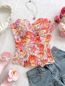 Corset ajustado de dos capas con diseño vanguardista y sexy, propio de vacaciones, para jóvenes de estilo europeo y americano, en color caqui con bordado calado - Multicolor 3 - Ver 3