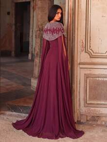 Vintage Crystal Decor Extra Long Sleeve Chiffon Formal Dress/Maxi Dress/Mid-Length Dress - Burgundy - View 3