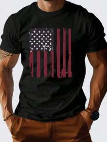 1 pieza de camiseta casual de manga corta con cuello redondo y estampado de la bandera de EE.UU.para hombre, 180 g, 100% algodón. - Blanco - Ver 7