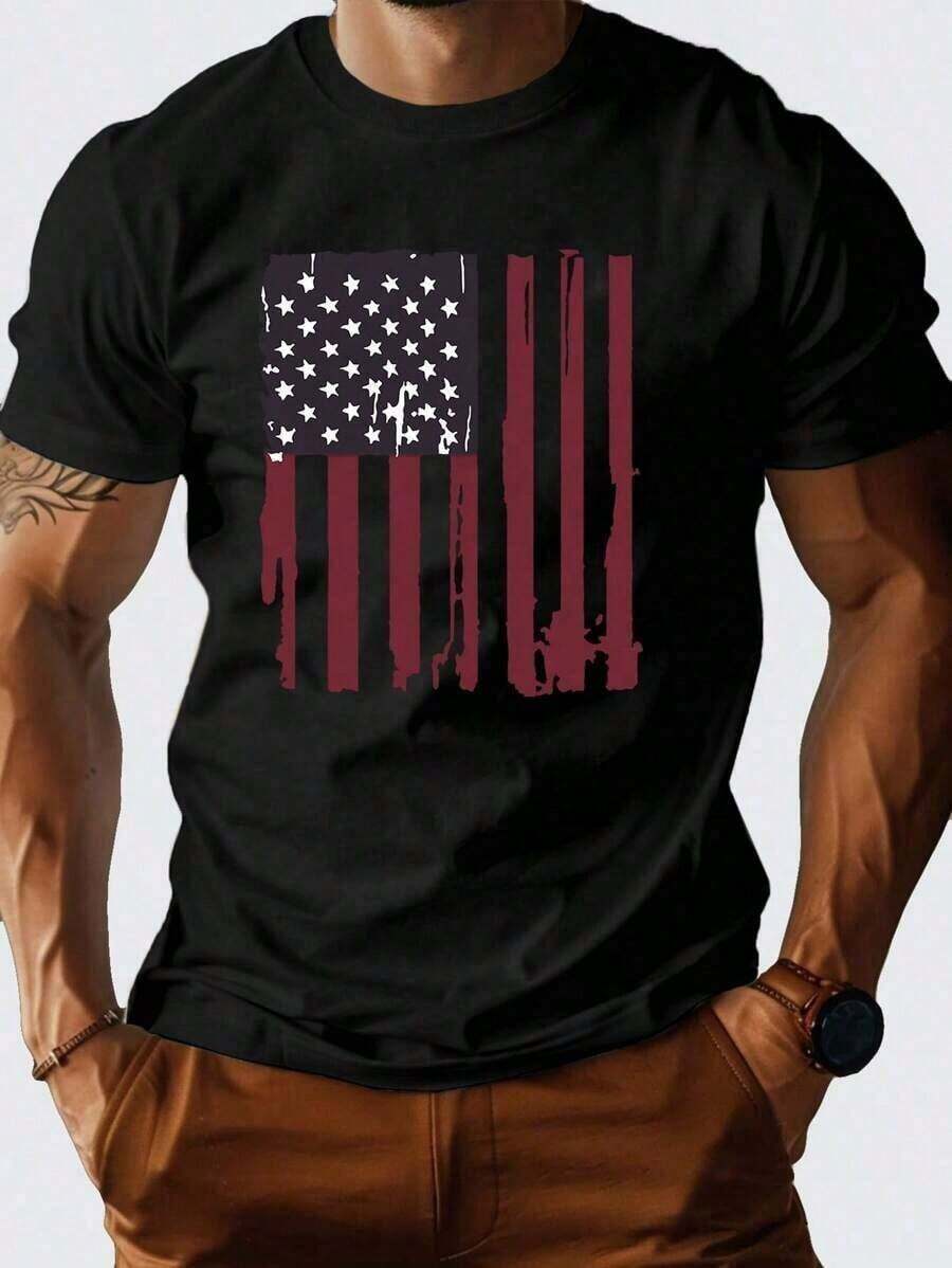 1 Piece Of Casual Short-Sleeved T-Shirt With Round Neck And US Flag Print, 180g, 100% Cotton. - Black - View 1