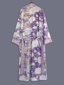 Bohemian Fashion Floral Print Mid-Length Kimono Cover Up Thin Jacket Women's Festival Elegant Casual Party Cover-Up Beach Sand Travel Vacation Cape Hem Slit Pockets Home Bathrobe Tie-Up Robe Middle Eastern Long Robe - Purple - View 3